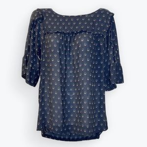 LOFT Women’s Ruffled Navy Blue Floral Print Mixed Media Short Sleeve Top